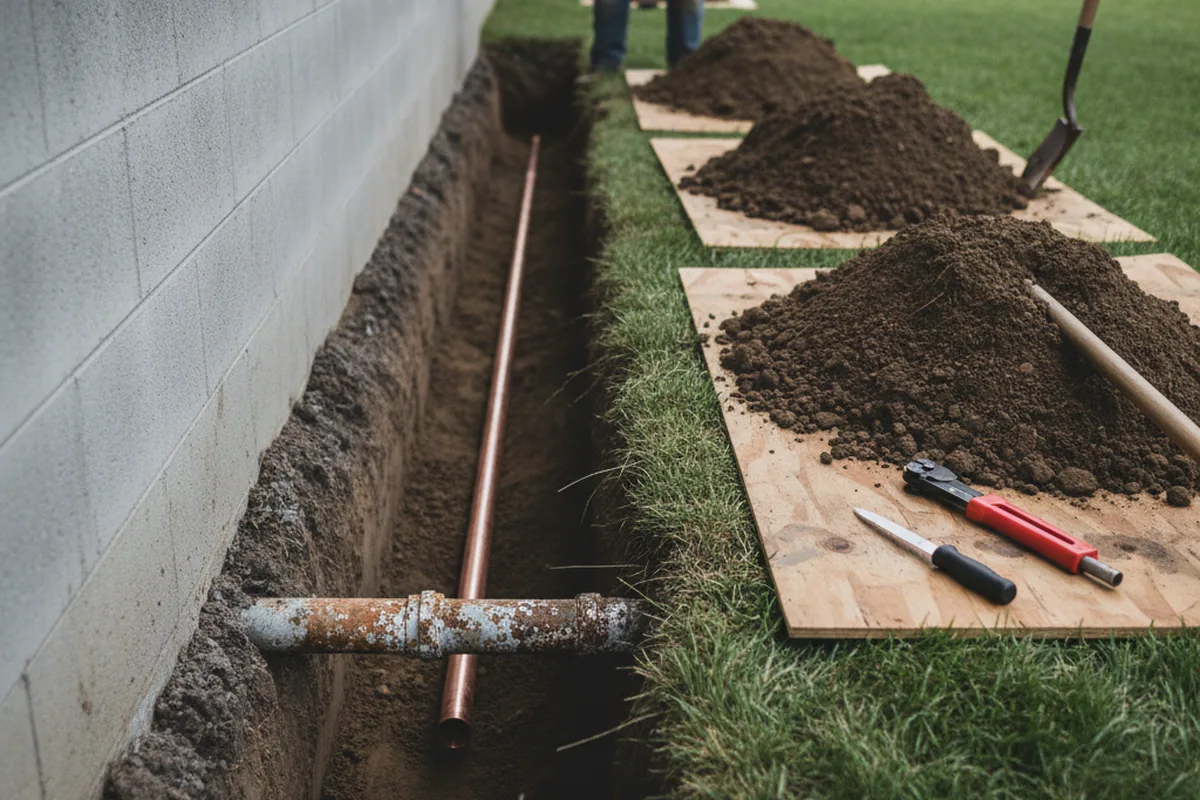 Excavated water line trench during Sewer Line Repair in Milano